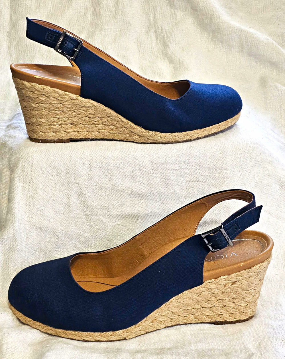 Vionic Coralina Navy Blue Canvas Espadrille Wedge Slingback Sandals Women's 9 W